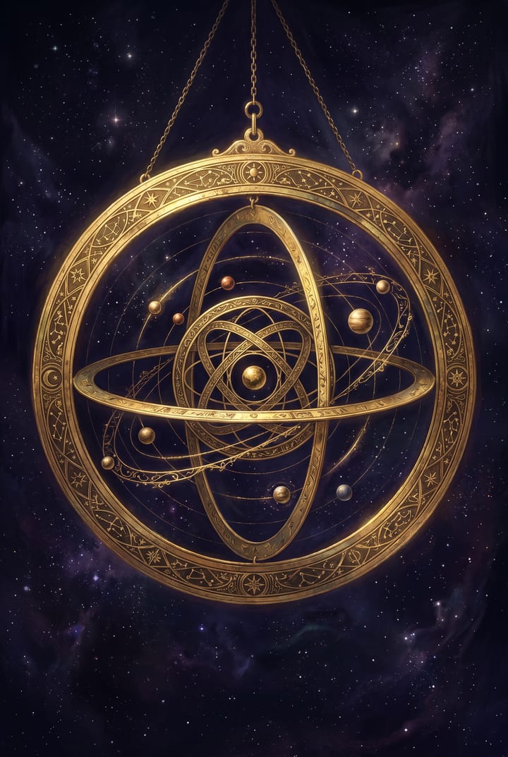 Arcane gravée d'or : un astrolabe céleste aux anneaux d'or
