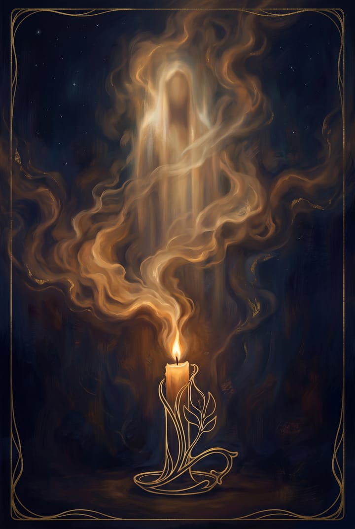 Arcane gravée d'or : un esprit lumineux entrevu dans les volutes d'une bougie