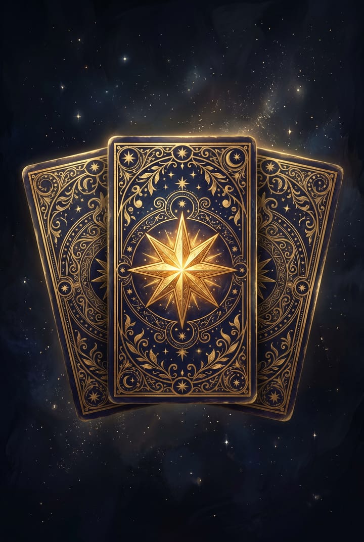 Arcane gravée d'or : trois cartes de tarot en éventail